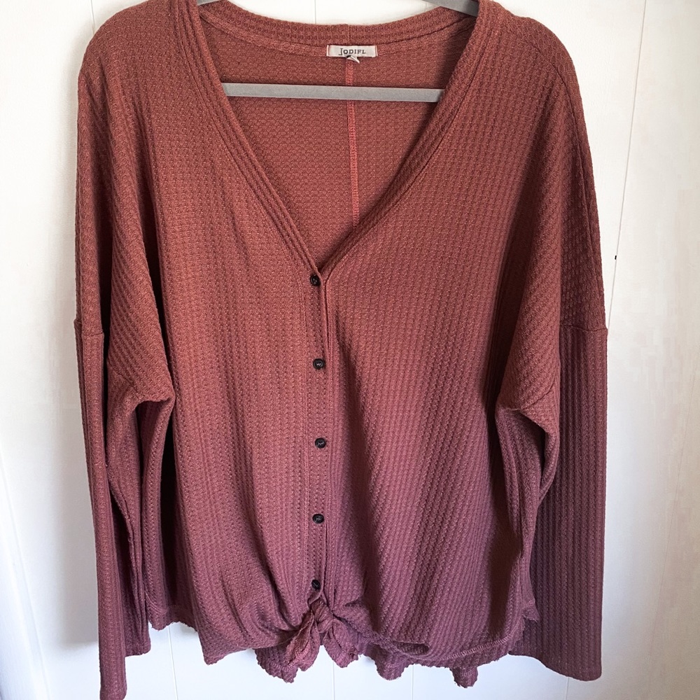 Mauve front tie button down sweater